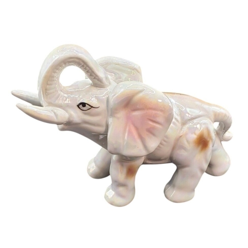 Vtg Iridescent Ceramic Elephant Figurine Trunk Up Good Luck Pearlescent White